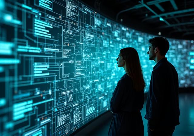 Team of analysts collaborating over futuristic data visualization