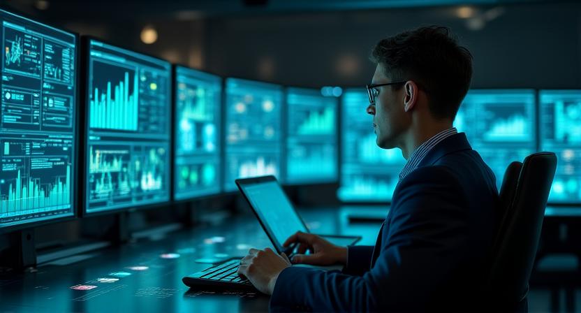 Professional data scientist reviewing complex charts on a large screen in a dark control room
