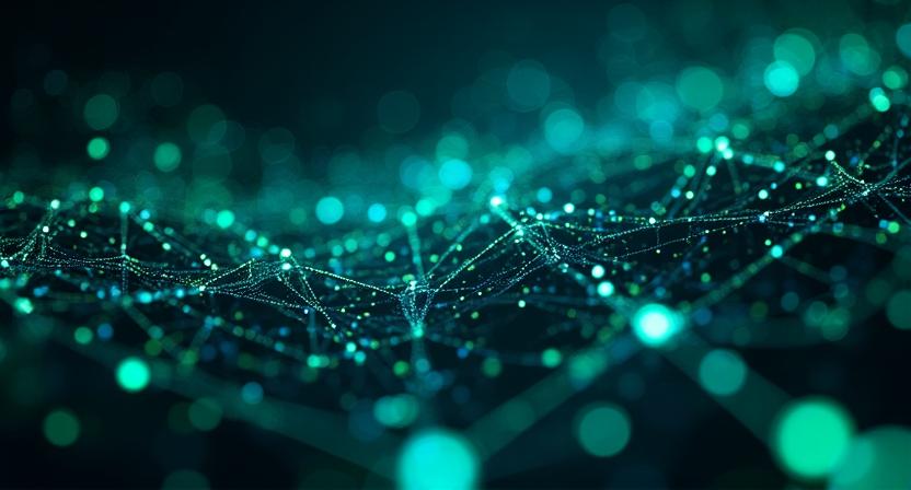 Abstract visualization of interconnected data nodes and neural networks with glowing blue accents